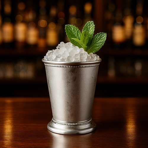 Classic Mint Julep cocktail in a copper cup with bourbon, fresh mint, and crushed ice.